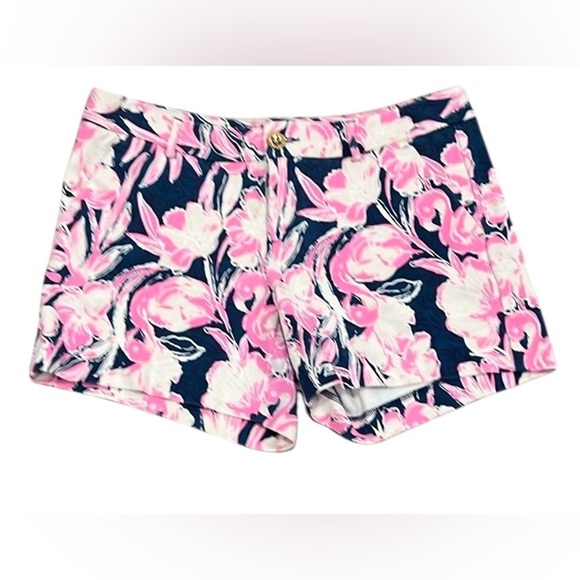 Lilly Pulitzer women’s Callahan pink blue white flamingo print short size 4 - Picture 1 of 6